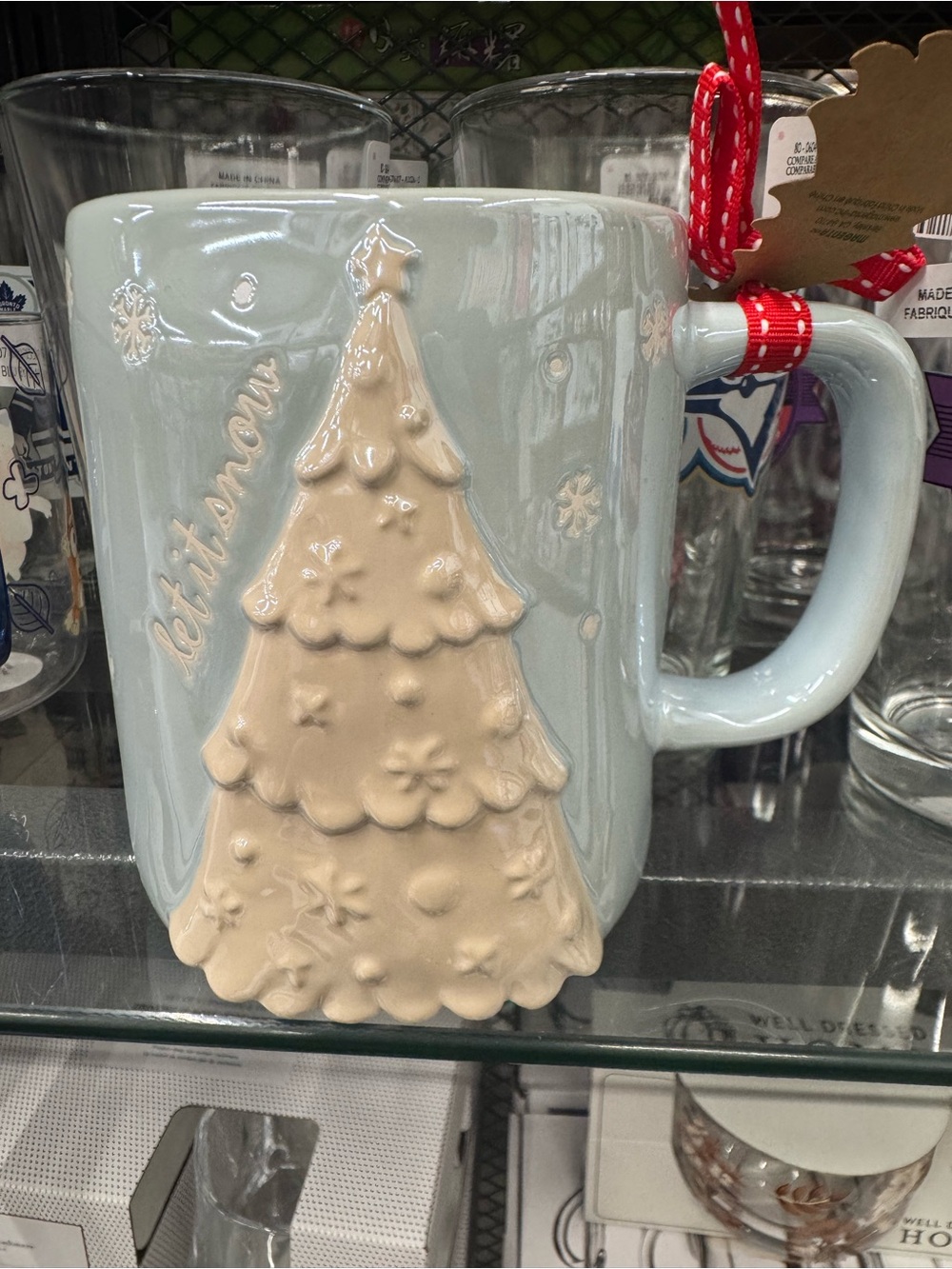 Festive Ceramic Christmas Tree Mug in Light Blue and Cream - Home Holiday